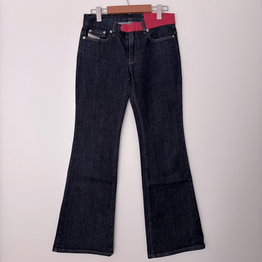 Diesel Dark Blue Flare Jeans with Red Accent Waistband - Size 27